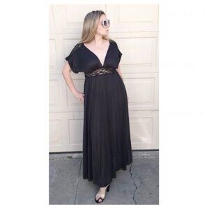 Vintage 90s Black Lace Trim Plunging V Neck Loungerie Maxi Dress